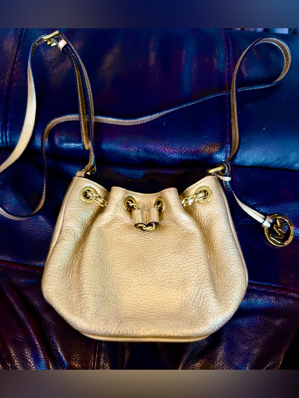 Mini Michael Kors Metallic Gold Leather Bucket Crossbody Bag “Frankie” w/Dusty - Picture 11 of 11